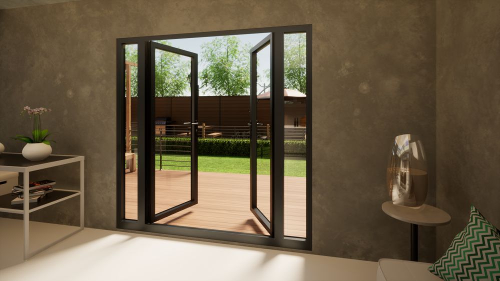 Aluminium French Door Part Q Compliant - 1500mm Anthracite Grey Open Out - 2x 300mm Sidescreens