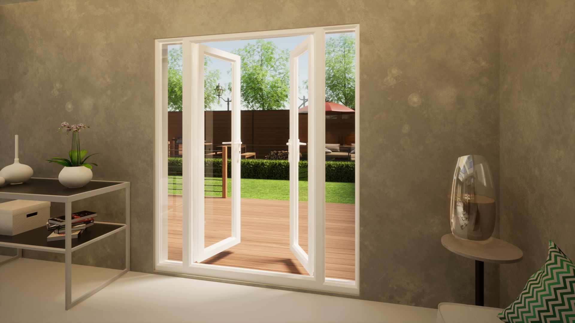 PVC French Door - 1200mm White Open Out - 2x 300mm Sidescreens