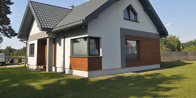 A clean, modern single storey house with green grass around it